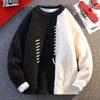 Mens Crew Neck Sweater Drawstring Splice Knit Pullover Fall Winter