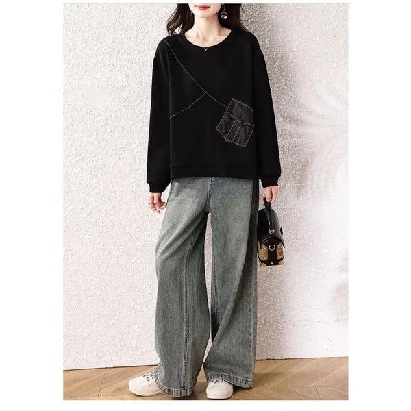 Patchwork Sweatshirt Women Oversized Long Sleeve Casual Pullover