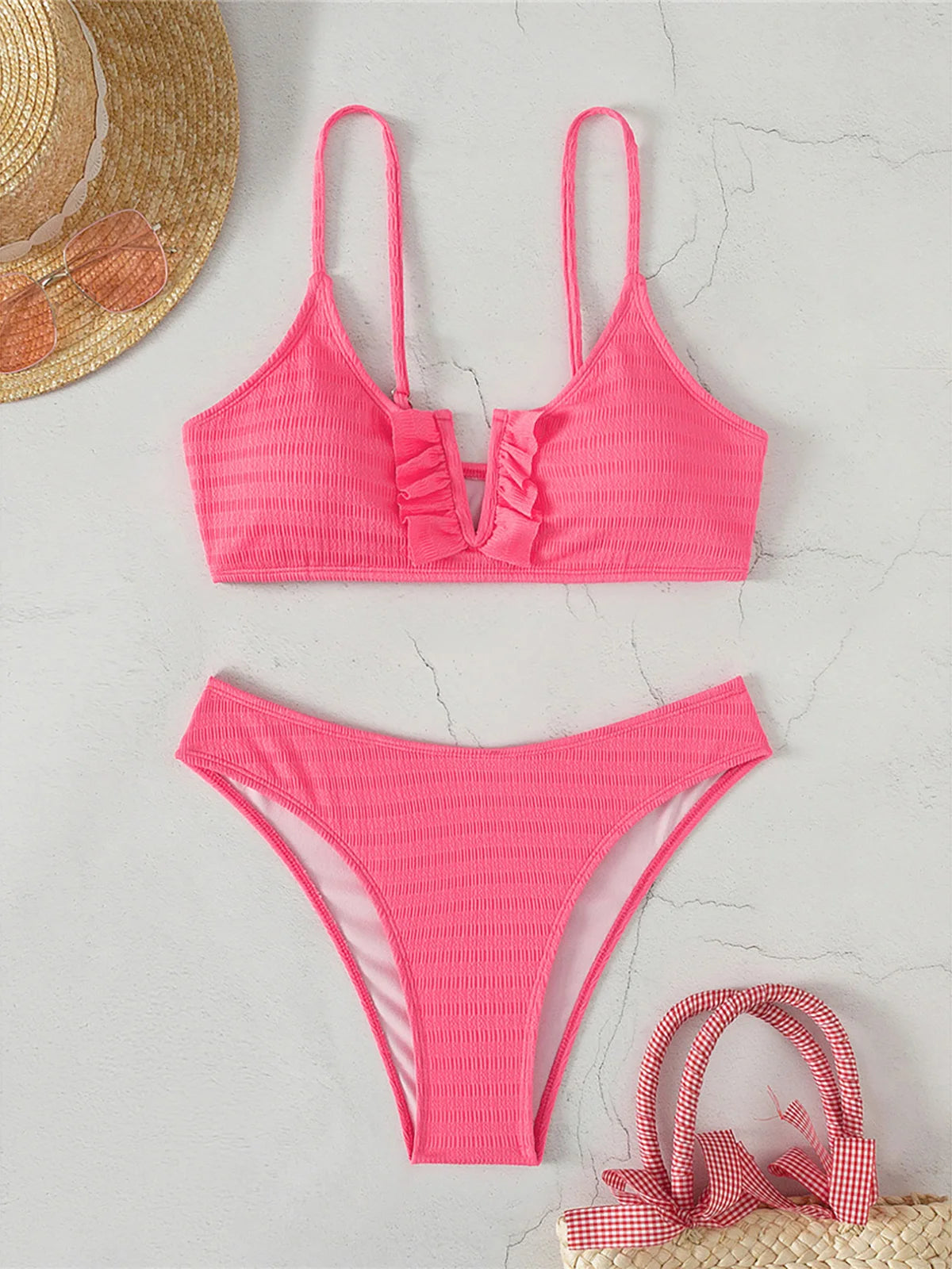 Women's V-Shaped Ruffled Bikini: Mid-Waist Swimwear