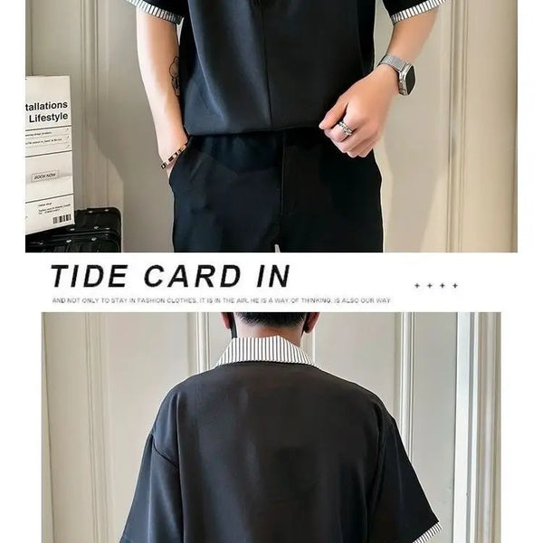 Fashion Patchwork Striped Short Sleeve Shirt Men Trendy