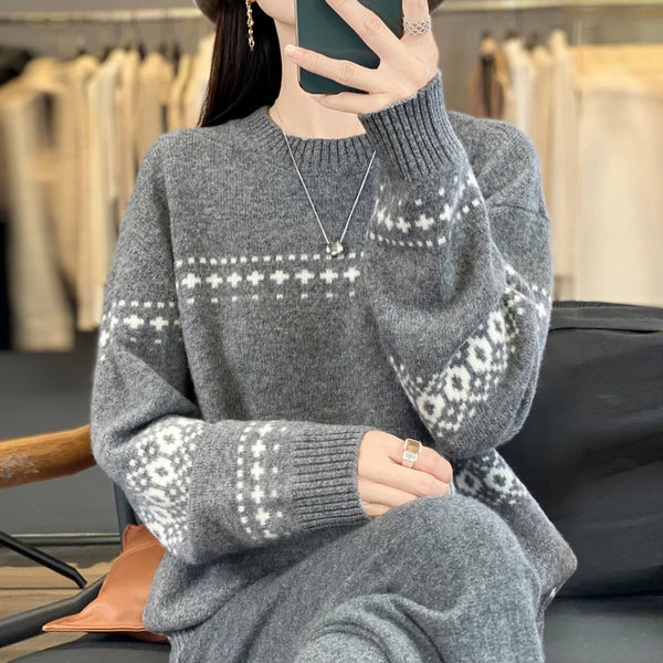 Womens Wool Sweater Jacquard Crew Neck Oversized Pullover