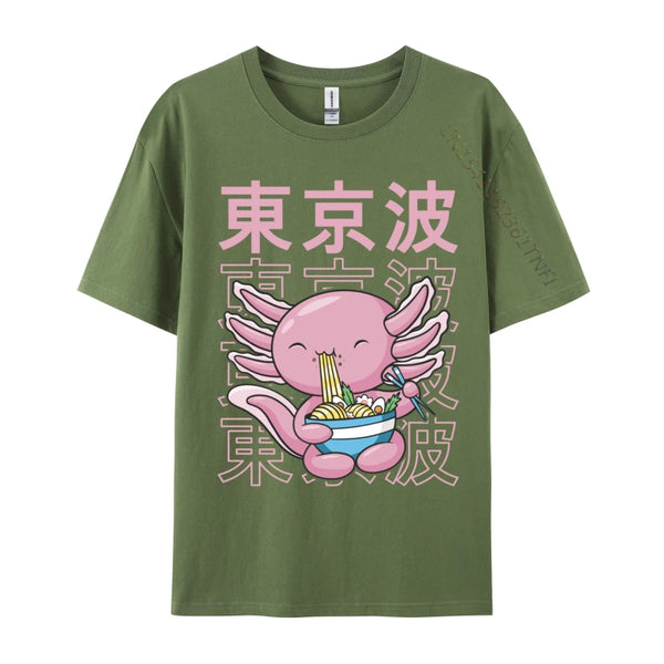 Kawaii Axolotl Eating Ramen Noodles T Shirt Autumn Hip hop