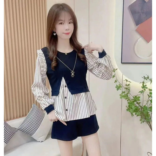 Womens Layered Look Shirt Jacket Striped Spliced Korean Style Spring