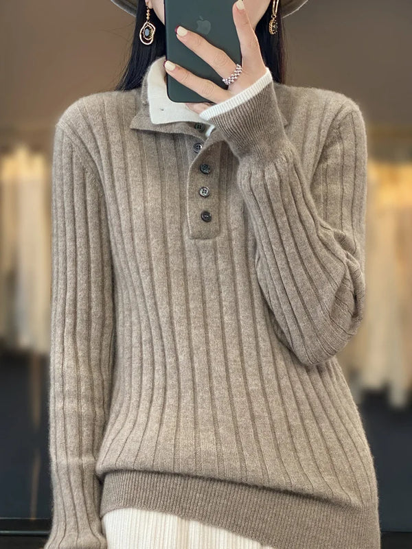 Womens Winter Merino Wool Sweater Turn Down Collar Soft Pullover