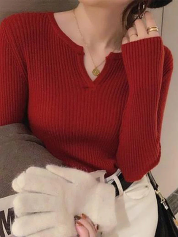 V Neck Sweater Women Knit Pullover Fall Winter Solid Color Top