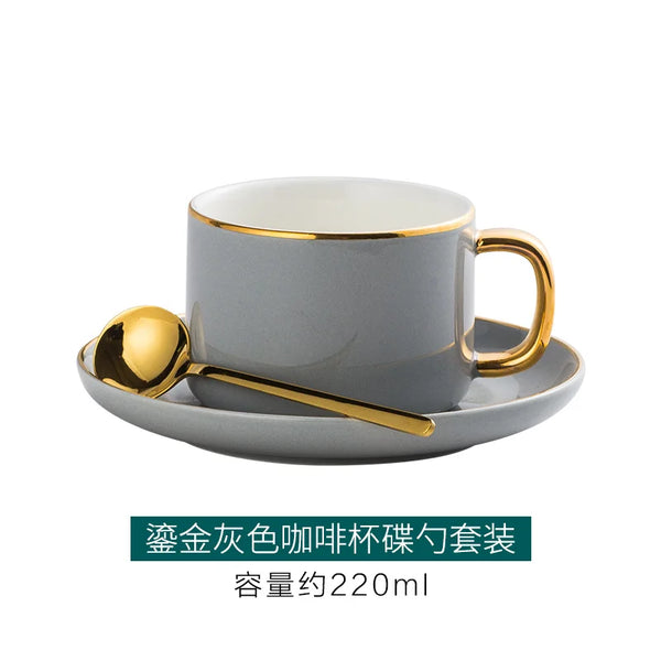 Gold Rim Coffee Cup and Saucer Set with Spoon European Ceramic