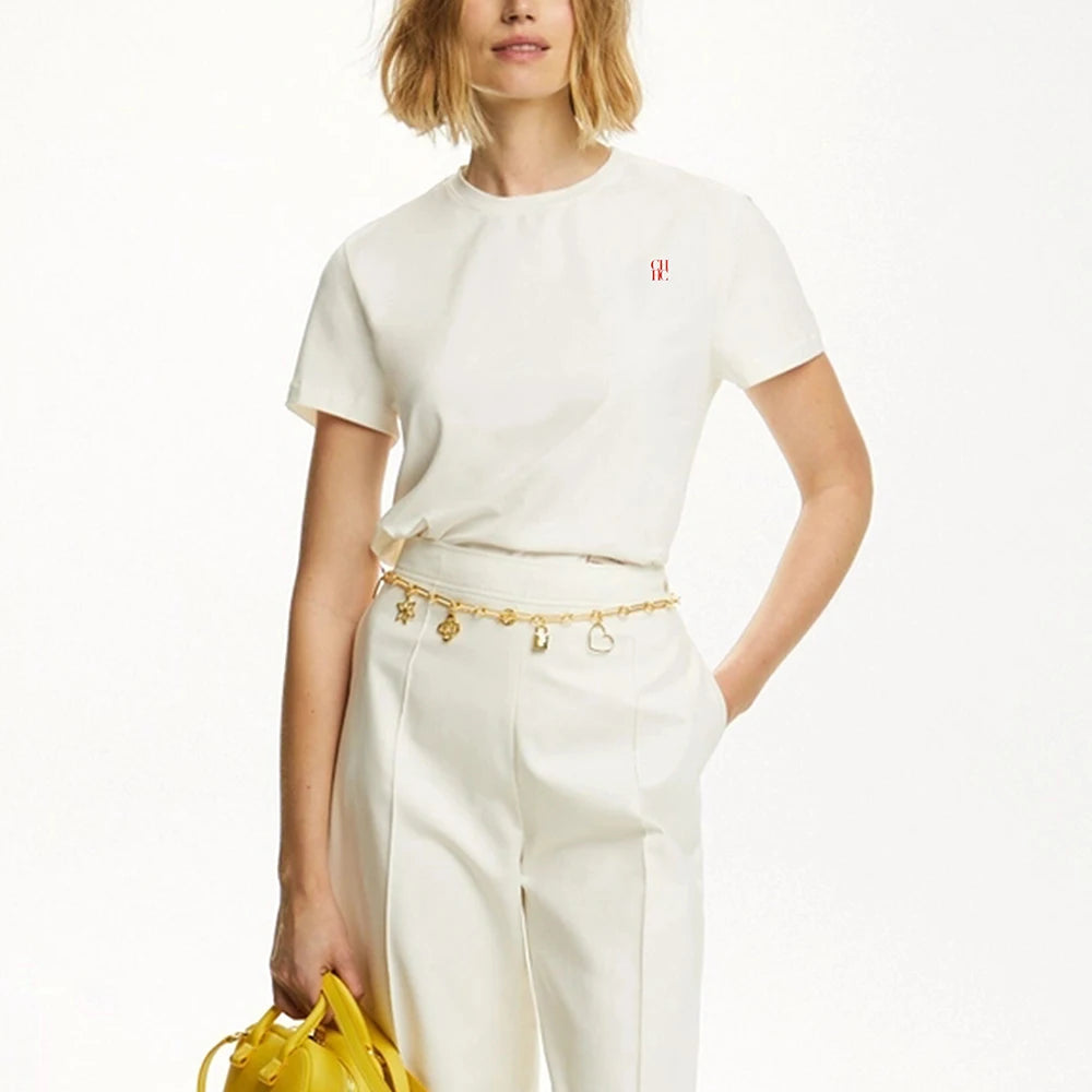 Women's Casual White Cotton Tee Embroidered Short Sleeve Fashion Top