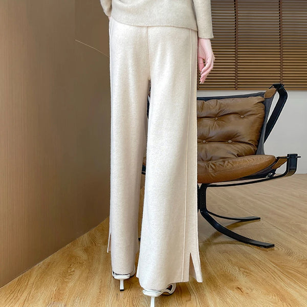 Womens Merino Wool Pants Flared Knit Trousers Elastic Waist Office