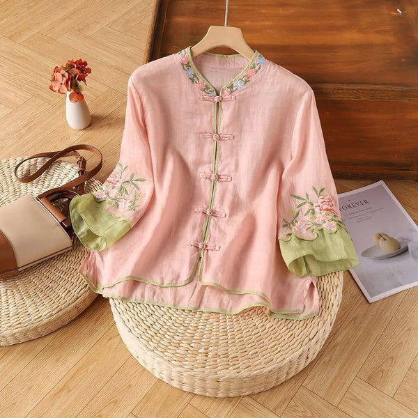 Womens Vintage Embroidered Top Cotton Linen Loose Summer Shirt
