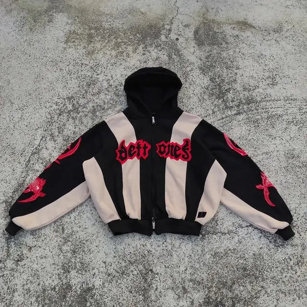 Y2K Striped Letter Zip Hoodie Women American Streetwear Sweatshirt