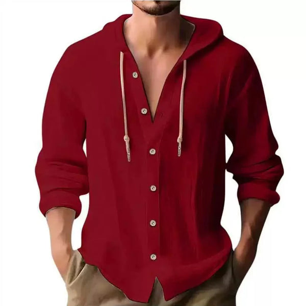Men's Linen Hooded Shirt - Long Sleeve Button Cardigan Casual
