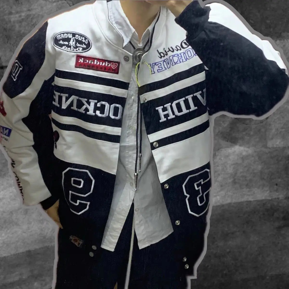 Men Racing Biker Jacket Embroidered Stand Collar