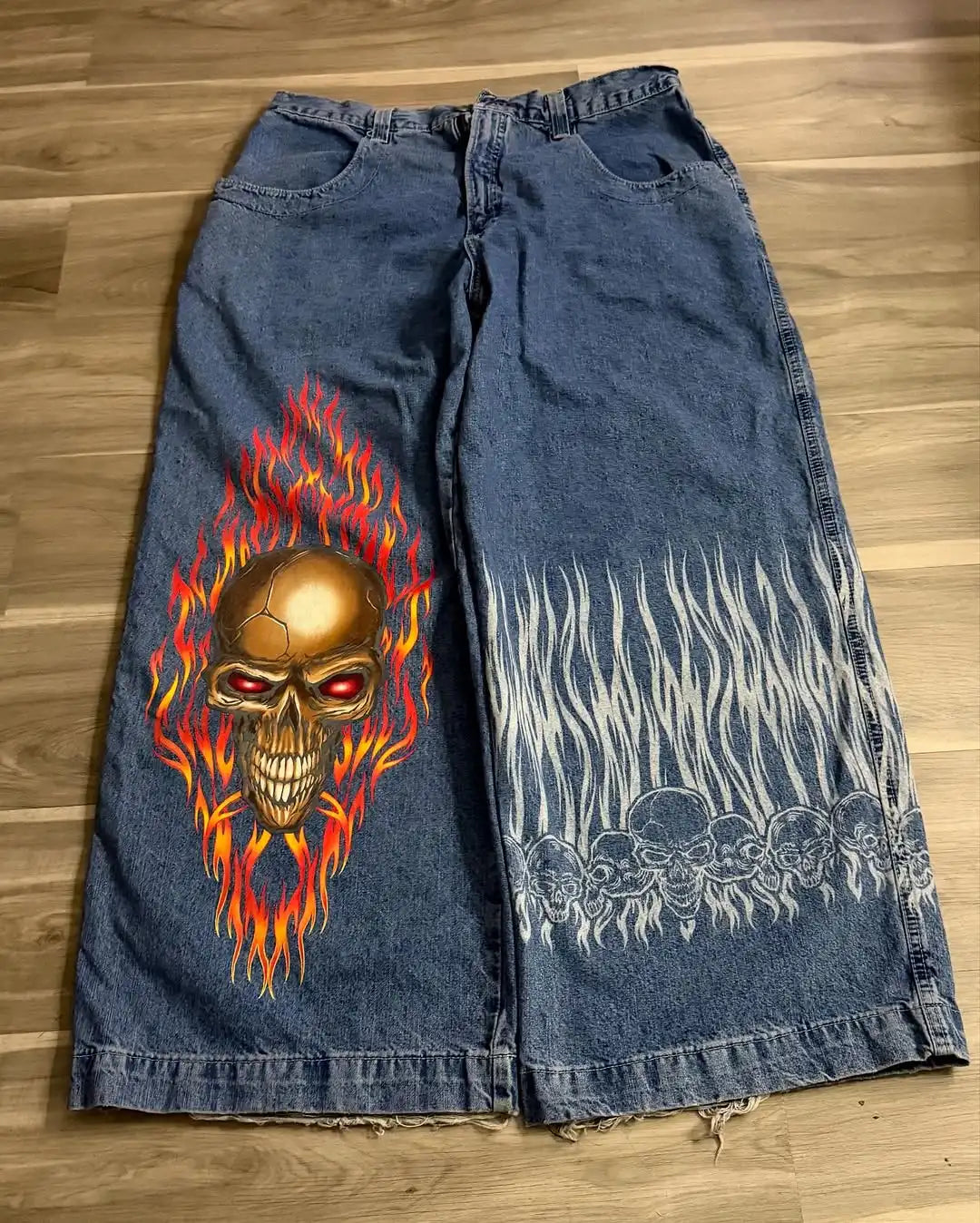 Men's Retro Demon Print Loose Straight Jeans Harajuku