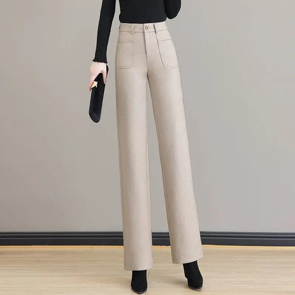 Womens Wool Blend Wide Leg Pants High Waist Straight Fall Trousers
