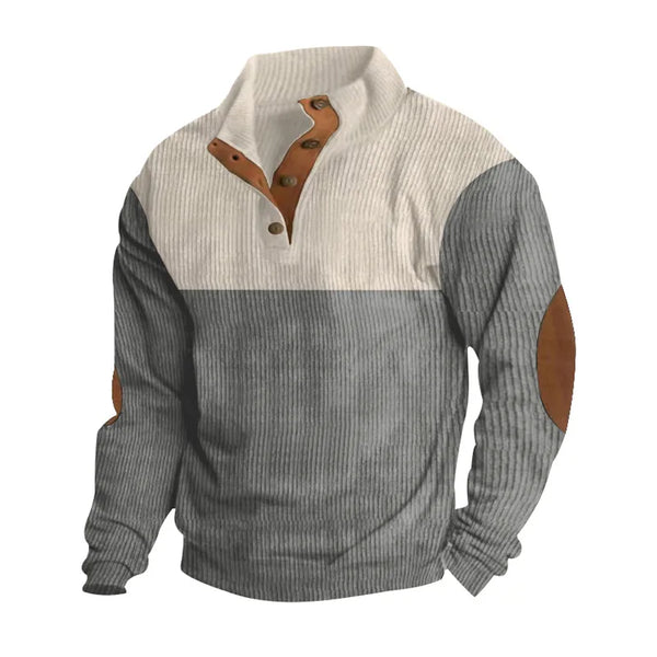 Men's Corduroy Sweatshirt - Stand Collar Color Block Button Up