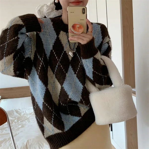 Womens Plaid Knit Cardigan Sweater Contrast Color Retro Warm Winter
