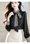 Womens Chiffon Blouse Bow Tie Long Sleeve Korean Office Loose Fit