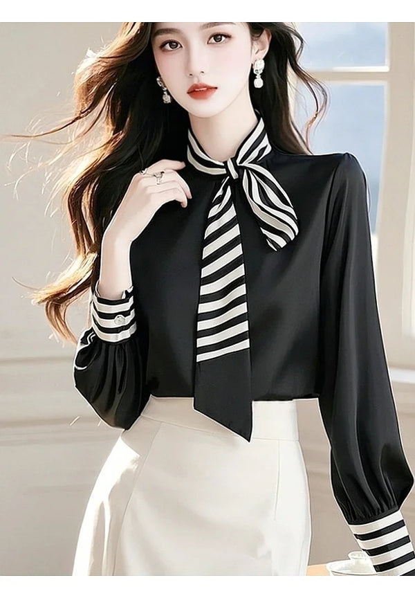 Womens Chiffon Blouse Bow Tie Long Sleeve Korean Office Loose Fit