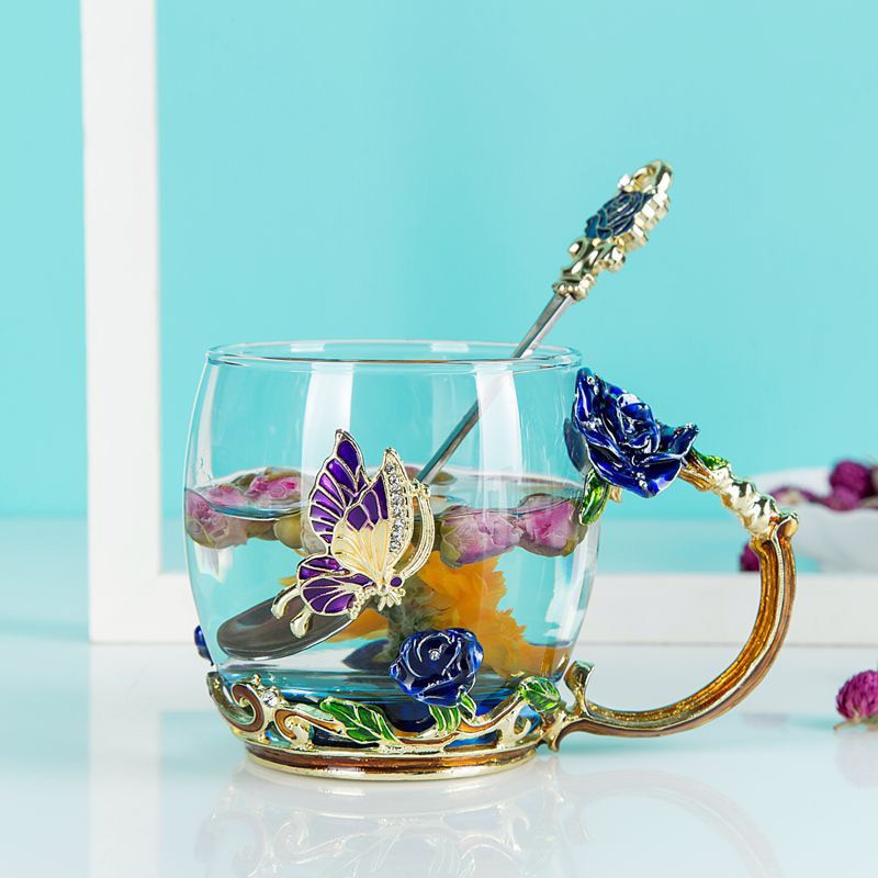 Blue Rose Enamel Crystal Cup Flower Tea Glass Glass Cup Flower Mug with Handgrip