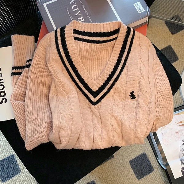 Korean Fashion Sweaters Women Autumn V-neck Y2K Cartoon Embroidery