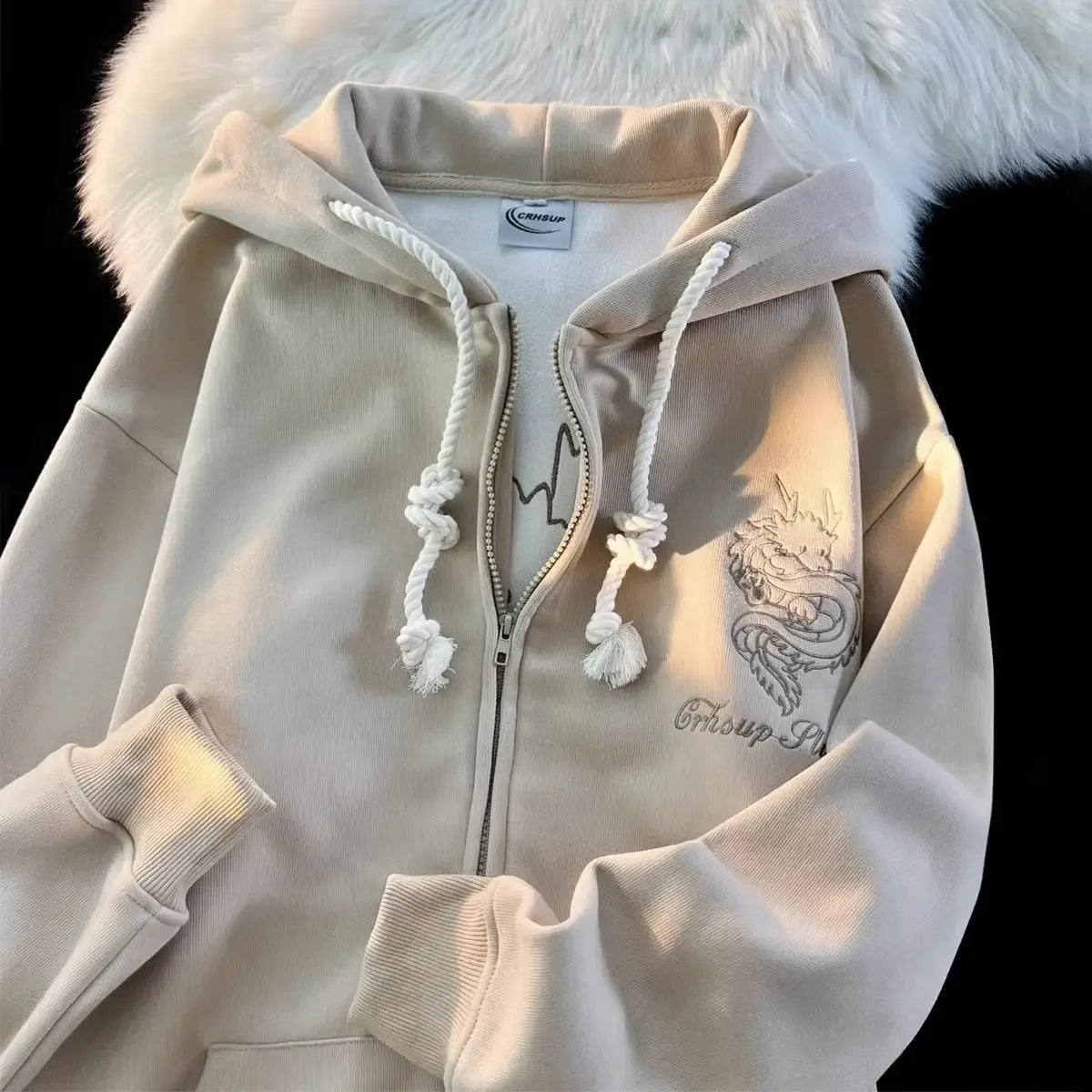 Harajuku Dragon Embroidered Zip Up Hoodie Velvet Sweatshirt