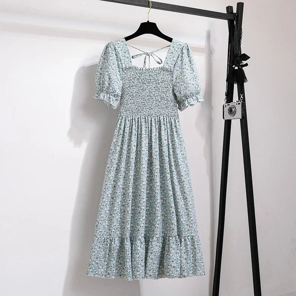 Spring Summer Elastic Waist Chiffon Dress Women Casual Pleated A-line