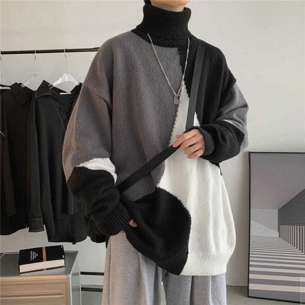 Mens Harajuku Patchwork Turtleneck Oversized Knit Sweater Streetwear