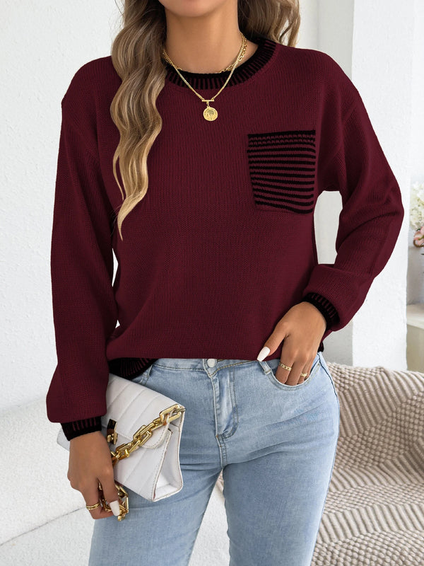 Womens Color Block Stripe Sweater Puff Sleeve Pocket Fall Winter