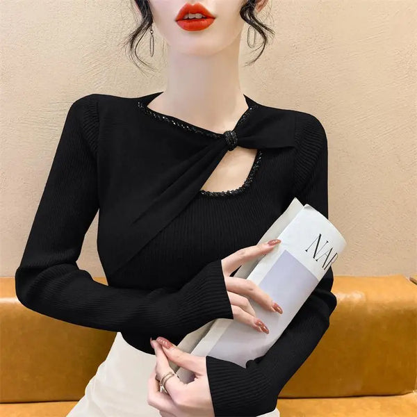 Bow Collar Sweater Women Long Sleeve Pleated Knit Top Fall Winter