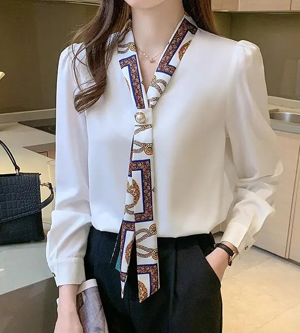 Chiffon Bow Blouse Women Long Sleeve Office Korean OL Shirt