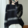 Womens Wool Sweater Jacquard Crew Neck Oversized Pullover