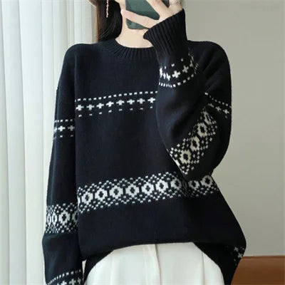 Womens Wool Sweater Jacquard Crew Neck Oversized Pullover