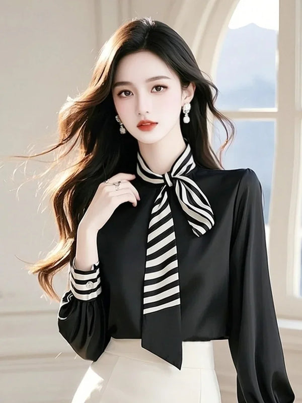 Womens Chiffon Blouse Bow Tie Long Sleeve Korean Office Loose Fit