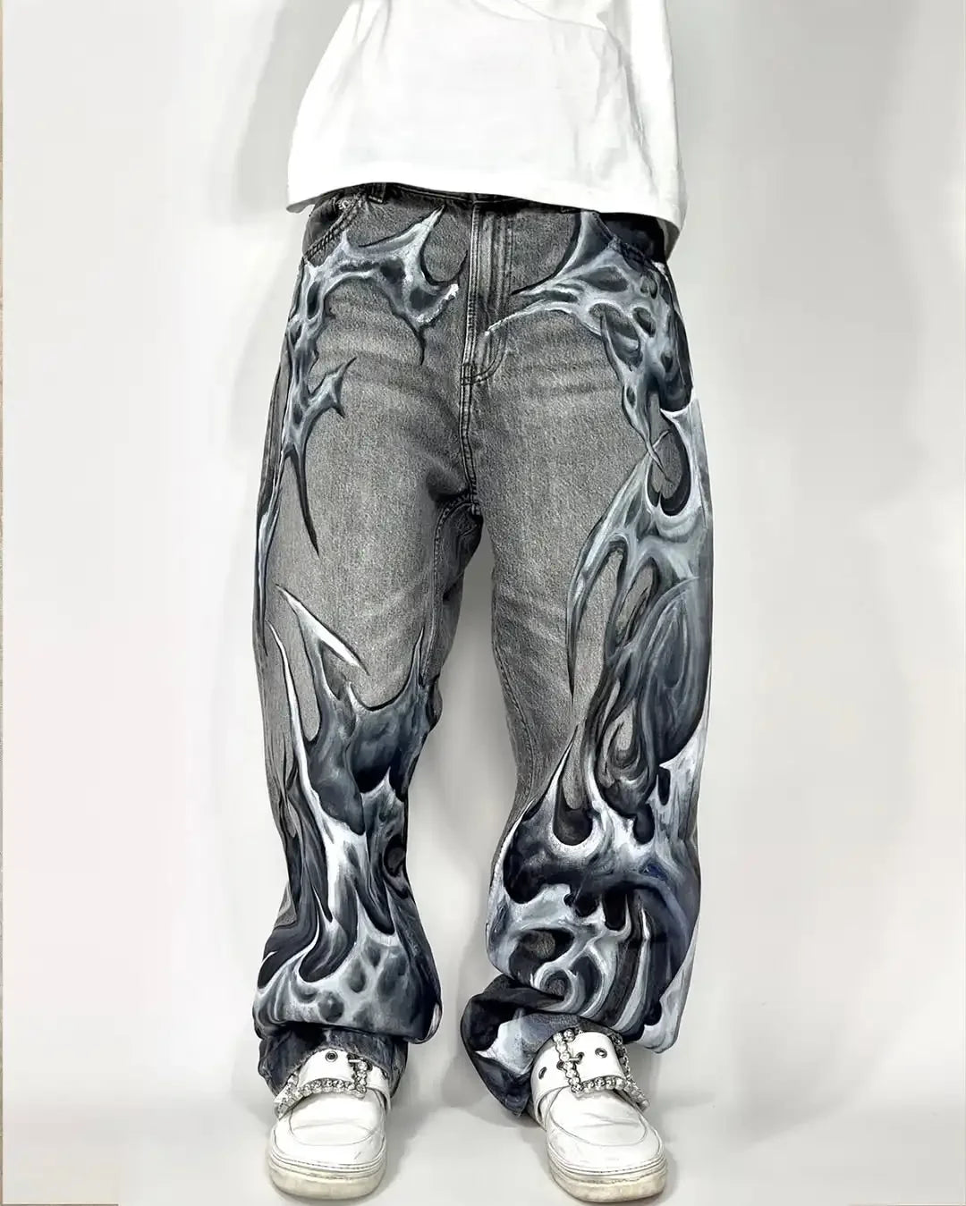Y2K Street Gothic Flame Print Straight Jeans Men’s Loose Wide-Leg Pants