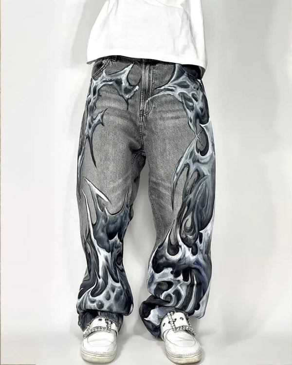 Y2K Street Gothic Flame Print Straight Jeans Men’s Loose Wide-Leg Pants