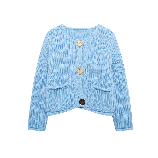 Women's Knit Cardigan Sweater - Gold Buttons & Patch Pockets