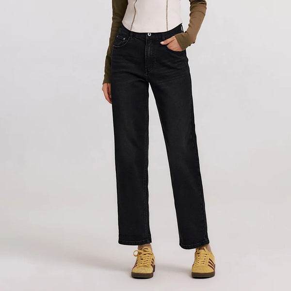 Frayed Jeans Women Straight Leg Loose Fit Denim Pants Winter