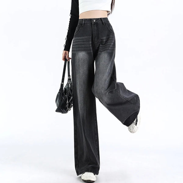 Y2K Black Wide Leg Jeans Women High Waist Fleece Lined Punk Style