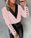 Womens V Neck Button Blouse Color Block Long Sleeve Office Shirt