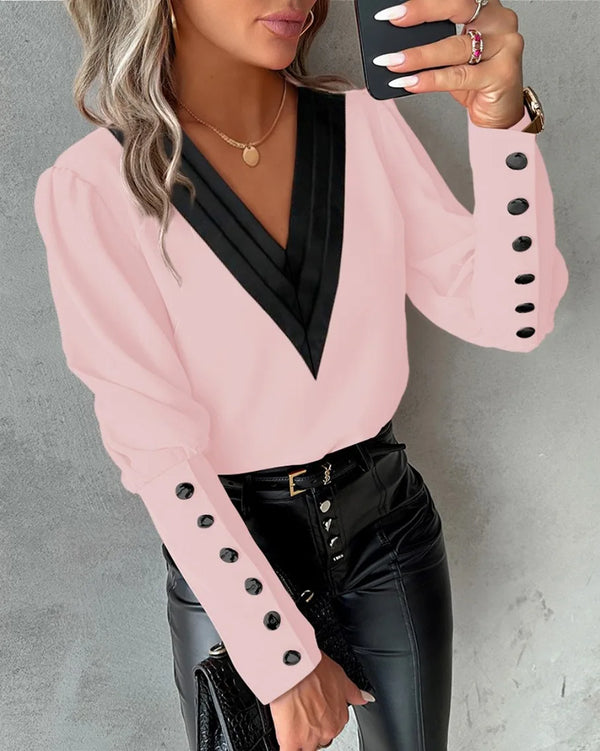 Womens V Neck Button Blouse Color Block Long Sleeve Office Shirt
