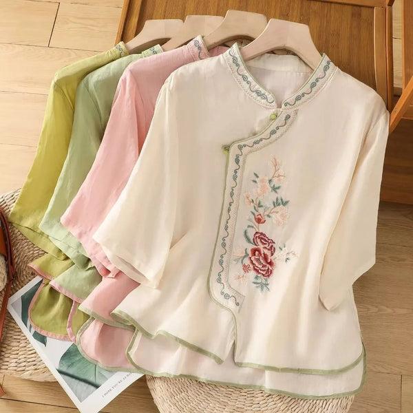 Womens Vintage Embroidered Top Cotton Linen Loose Summer Shirt