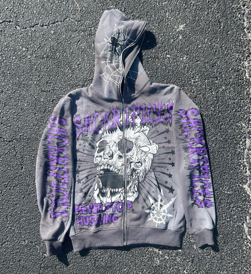 Y2K Skull Printed Zipper Hoodie Gothic Street Hip Hop Retro Casual Women