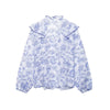 Blue White Floral Blouse Women Ruffled Long Sleeve Elegant Top