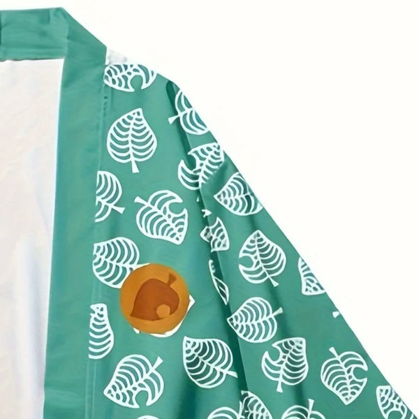 Leaf Print Haori Kimono Cosplay Costume Men Green Japanese Traditional