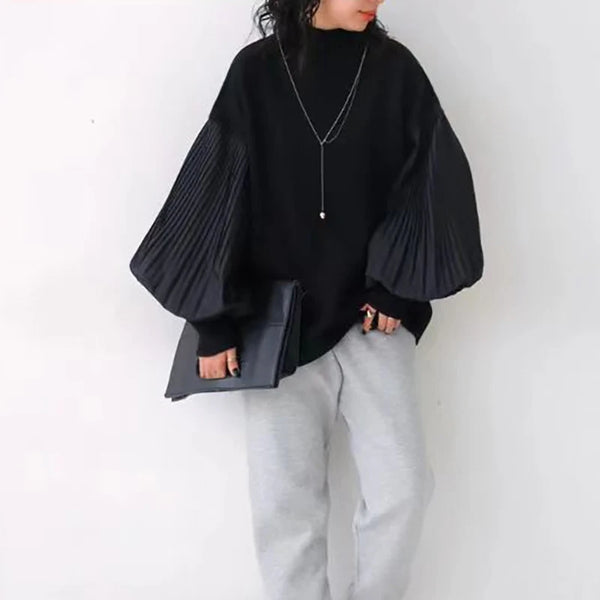 Turtleneck Sweater Women Lantern Sleeve Patchwork Pullover