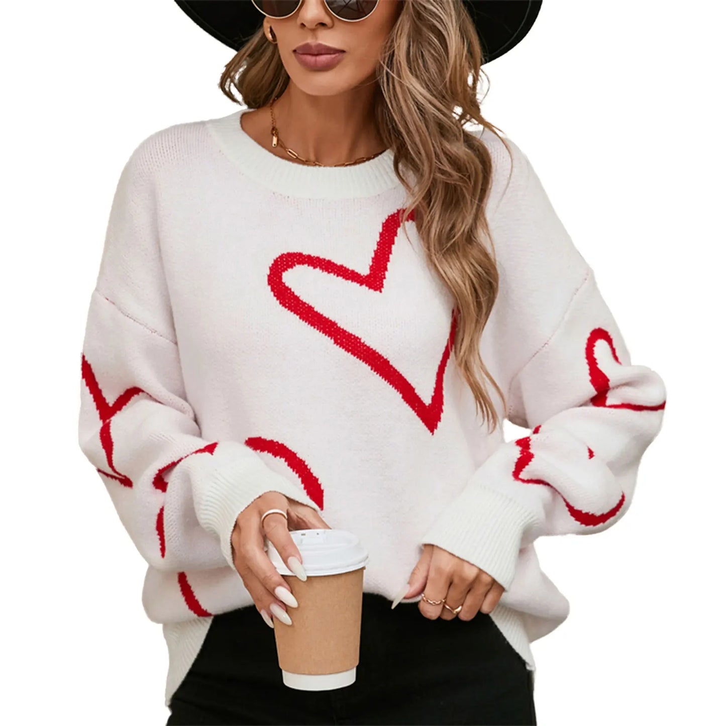 Women’s Cute Heart Print Sweater Loose Fit Ribbed Pullover Top