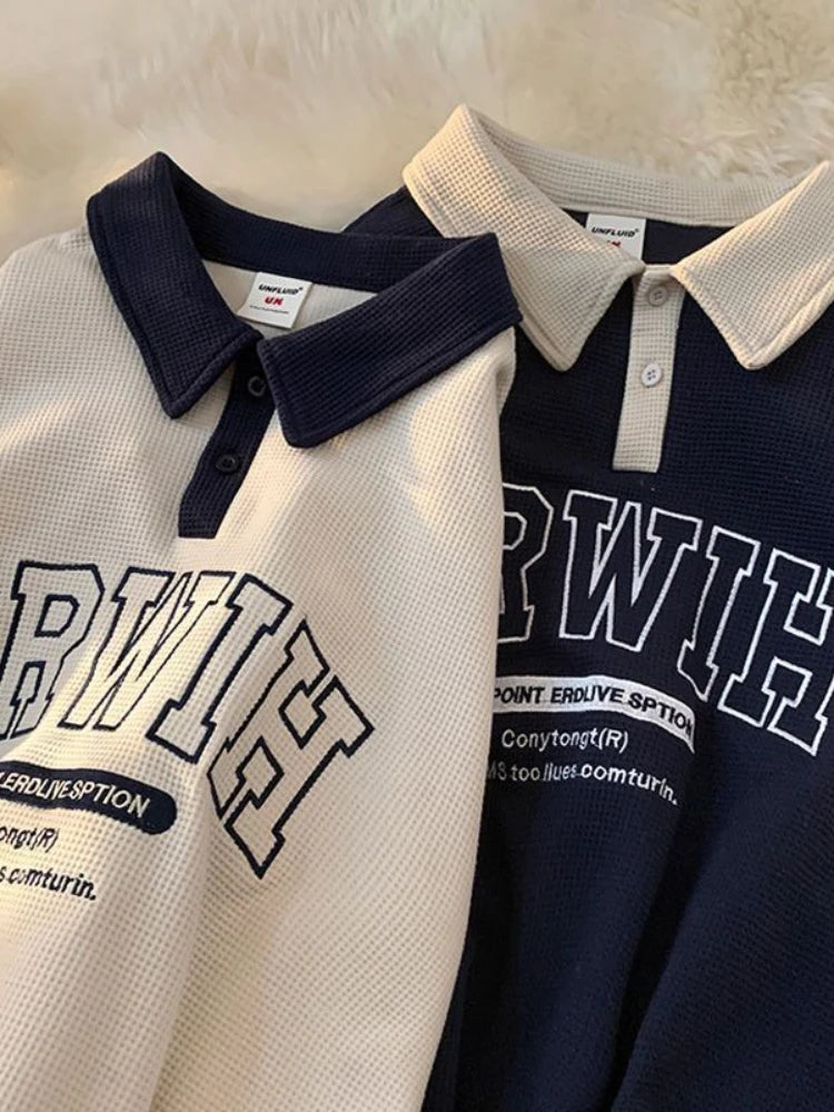 2023 Neuer Stil: Herren-Hemd mit Umlegekragen – Gmiixder Waffel-Buchstaben-Freizeitoberteil