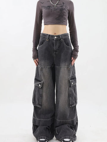 Black Gothic Cargo Jeans Y2K Vintage Style