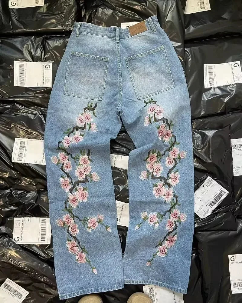 Women's Vintage Cherry Blossom Embroidered Baggy Wide-Leg Jeans