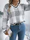 Womens Colorblock V Neck Sweater Lantern Sleeve Striped Knit Top